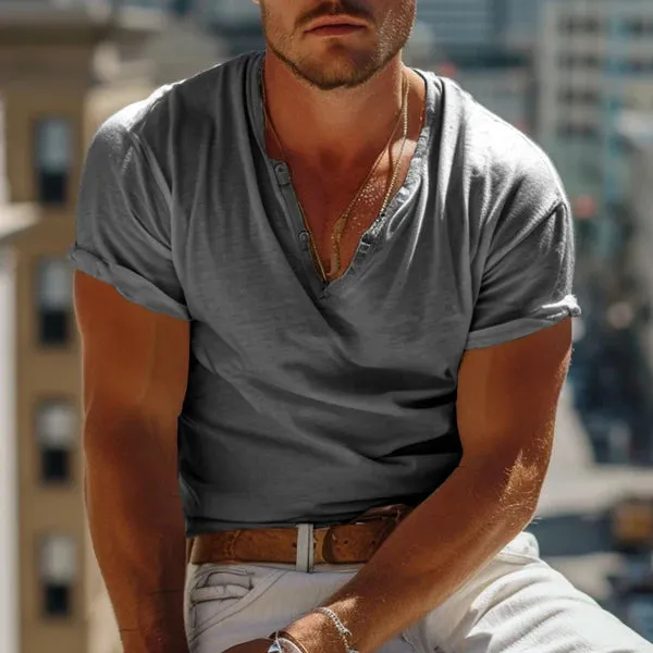 MEN'S SOLID HENLEY COLLAR SHORT SLEEVE T-SHIRT