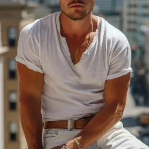 MEN'S SOLID HENLEY COLLAR SHORT SLEEVE T-SHIRT