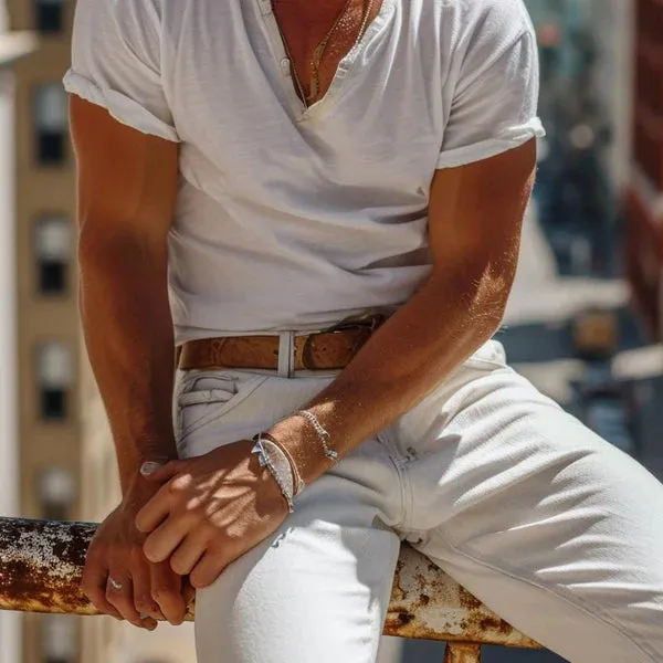 MEN'S SOLID HENLEY COLLAR SHORT SLEEVE T-SHIRT