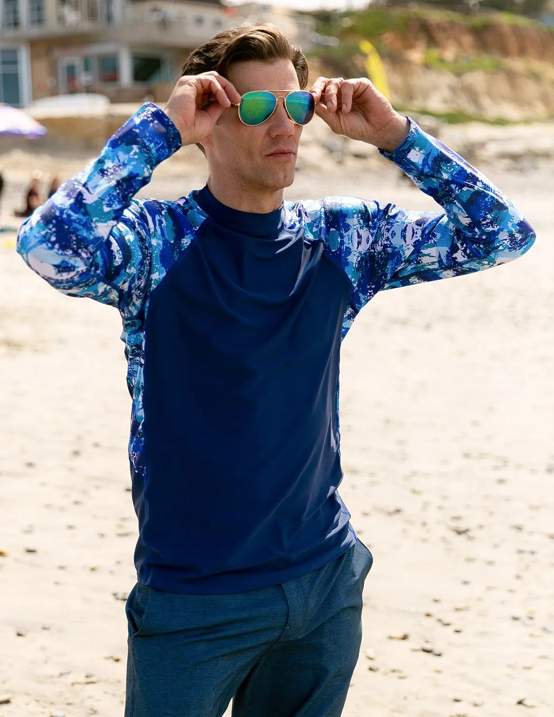 Men's  Swim Performance Long Sleeve Rash Guard - Blue Camo