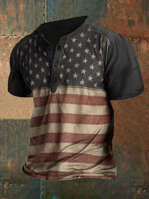 Men's Vintage American Flag Print Henley Collar T-Shirt