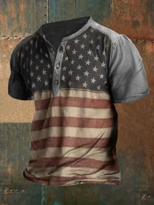 Men's Vintage American Flag Print Henley Collar T-Shirt