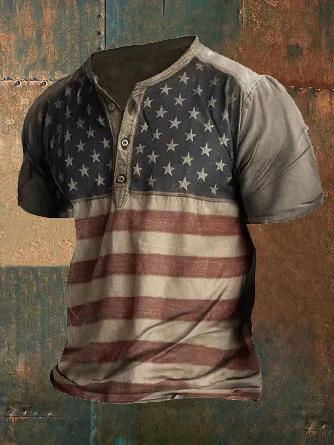 Men's Vintage American Flag Print Henley Collar T-Shirt