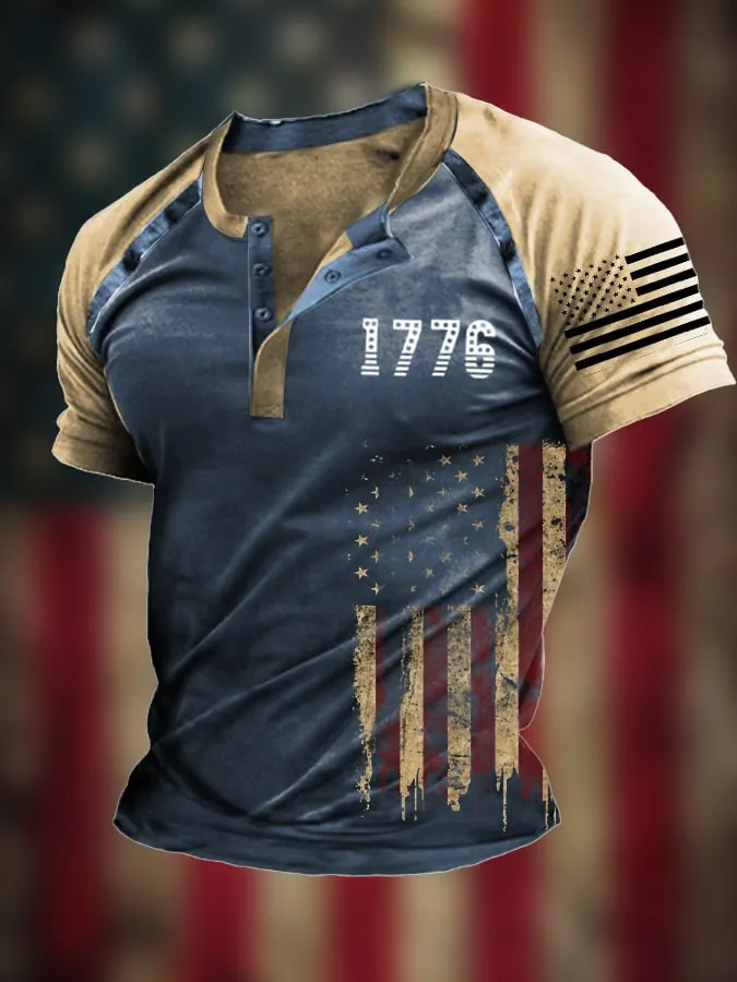 Men's Vintage Patchwork Flag Independence Day Henley Neck T-Shirt