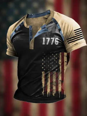 Men's Vintage Patchwork Flag Independence Day Henley Neck T-Shirt