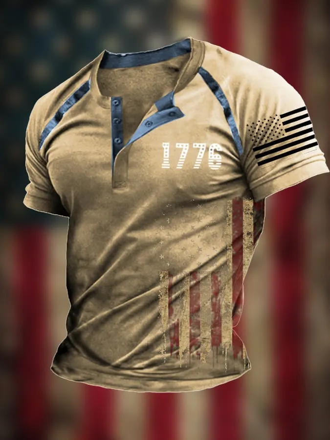Men's Vintage Patchwork Flag Independence Day Henley Neck T-Shirt