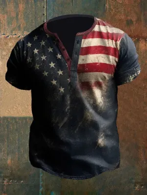 Men'sAmerican Flag Henley Collar T-Shirt
