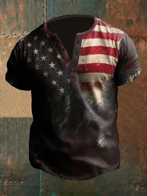 Men'sAmerican Flag Henley Collar T-Shirt