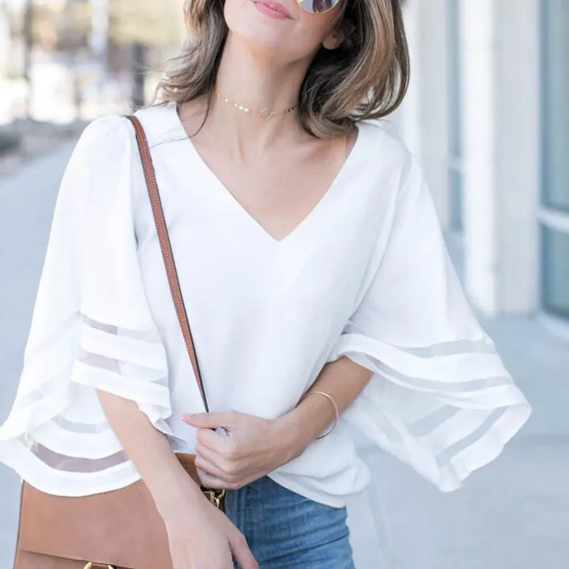 Mesh V-Neck Flare Sleeve Women Tops / White Patchwork Three Quarter Loose High Street Summer Women Tops