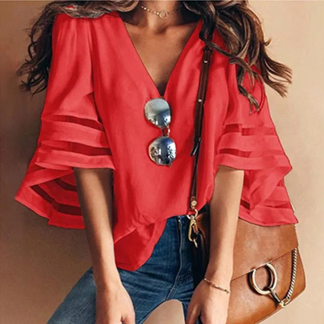 Mesh V-Neck Flare Sleeve Women Tops / White Patchwork Three Quarter Loose High Street Summer Women Tops
