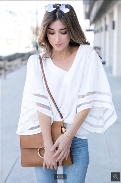 Mesh V-Neck Flare Sleeve Women Tops / White Patchwork Three Quarter Loose High Street Summer Women Tops