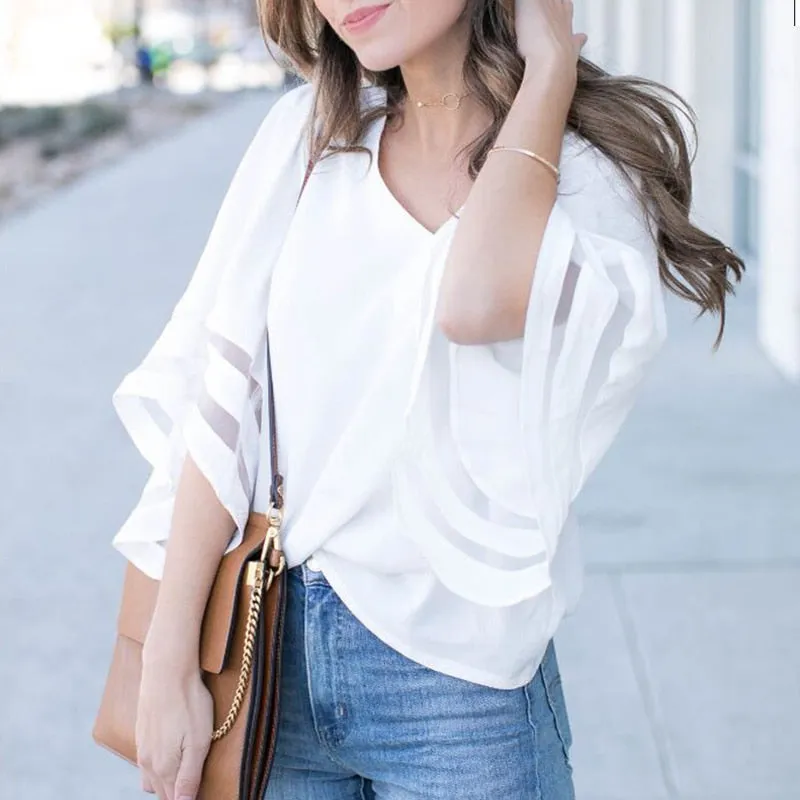 Mesh V-Neck Flare Sleeve Women Tops / White Patchwork Three Quarter Loose High Street Summer Women Tops