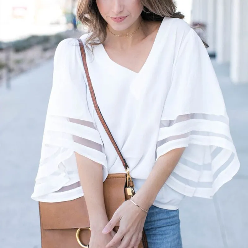 Mesh V-Neck Flare Sleeve Women Tops / White Patchwork Three Quarter Loose High Street Summer Women Tops