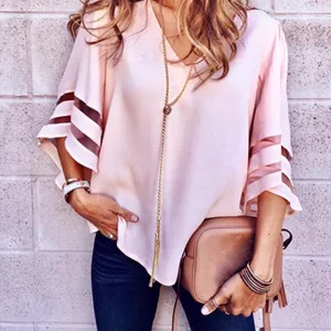 Mesh V-Neck Flare Sleeve Women Tops / White Patchwork Three Quarter Loose High Street Summer Women Tops