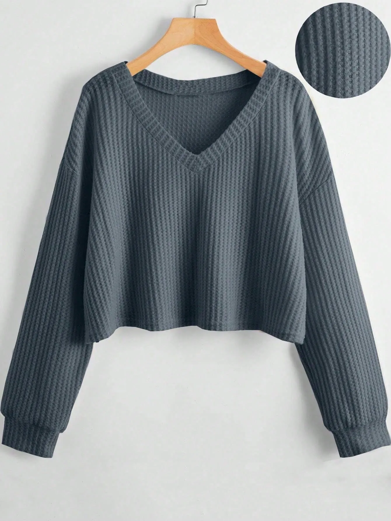 MOOSTA Women's Solid V-Neck Dropped Shoulder Long Sleeve Casual Loose T-Shirt