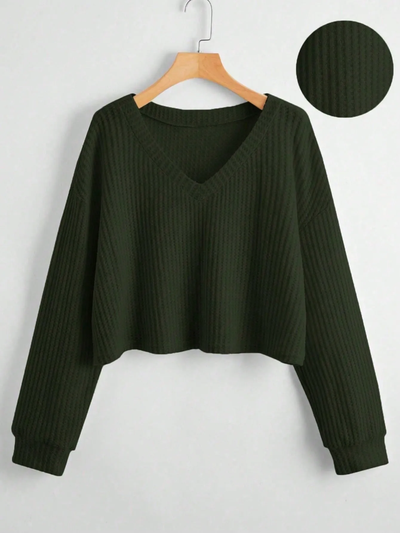 MOOSTA Women's Solid V-Neck Dropped Shoulder Long Sleeve Casual Loose T-Shirt