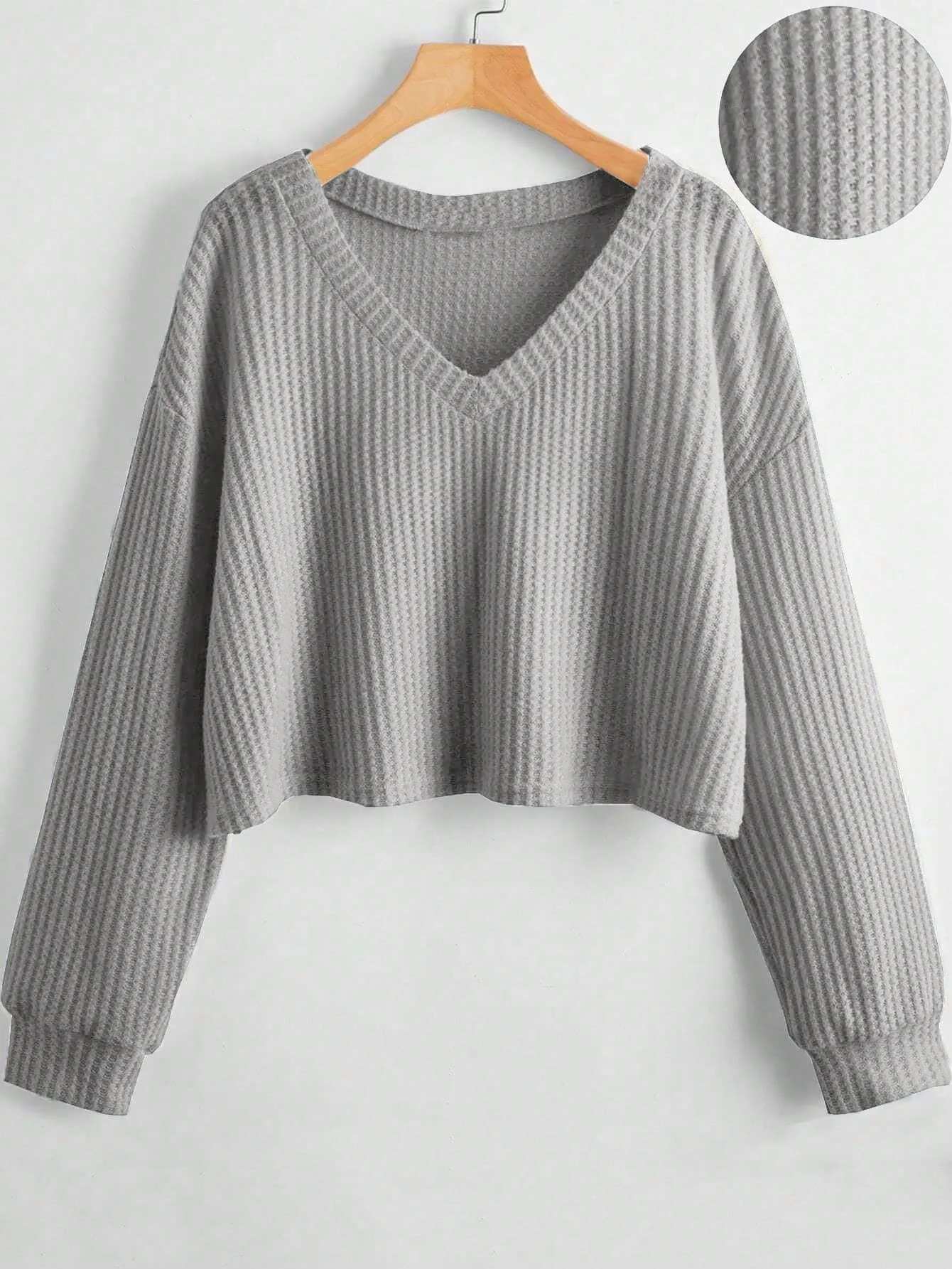 MOOSTA Women's Solid V-Neck Dropped Shoulder Long Sleeve Casual Loose T-Shirt