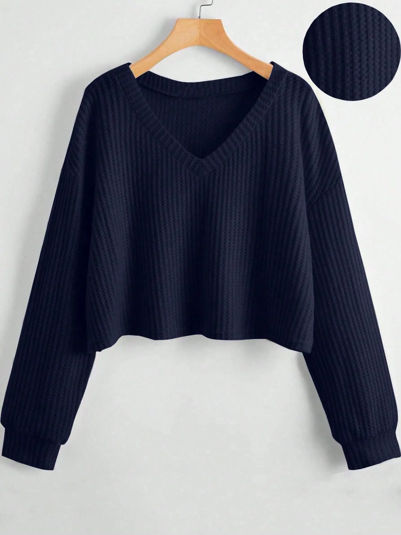 MOOSTA Women's Solid V-Neck Dropped Shoulder Long Sleeve Casual Loose T-Shirt