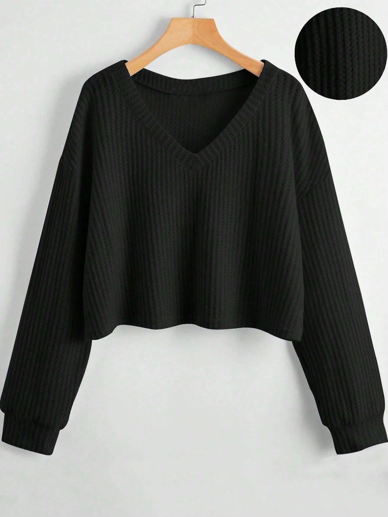 MOOSTA Women's Solid V-Neck Dropped Shoulder Long Sleeve Casual Loose T-Shirt