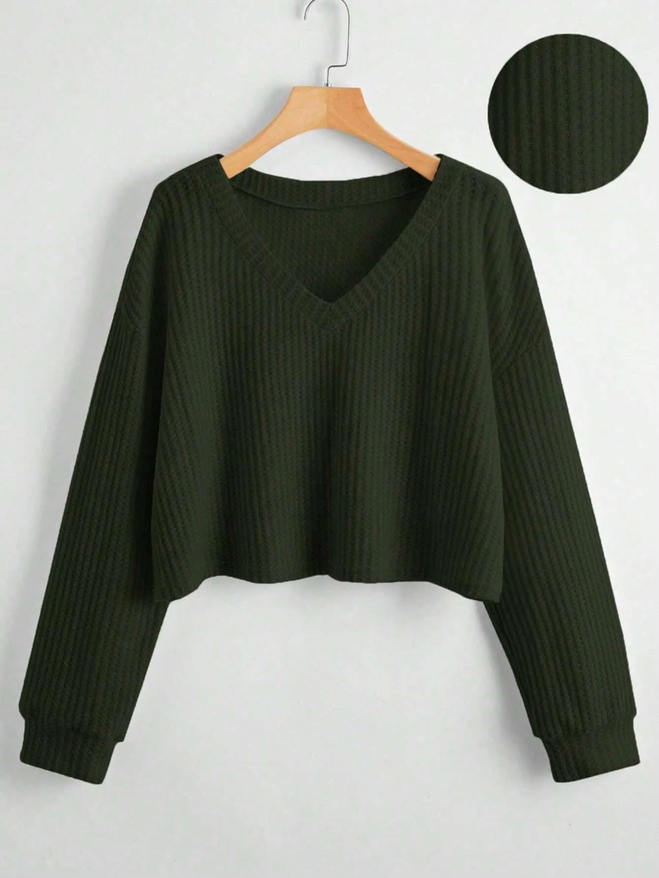 MOOSTA Women's Solid V-Neck Dropped Shoulder Long Sleeve Casual Loose T-Shirt