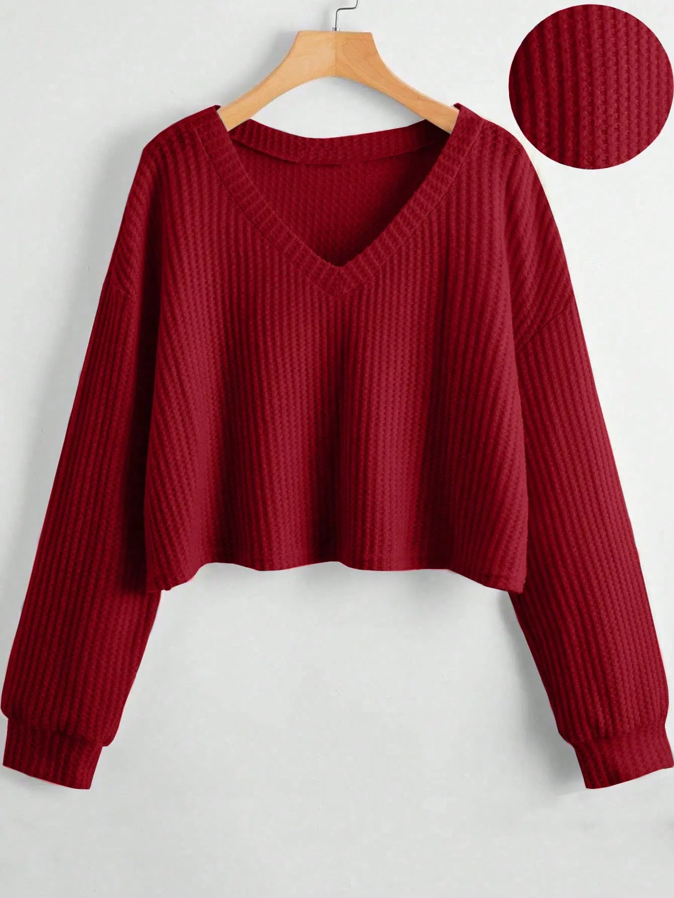 MOOSTA Women's Solid V-Neck Dropped Shoulder Long Sleeve Casual Loose T-Shirt