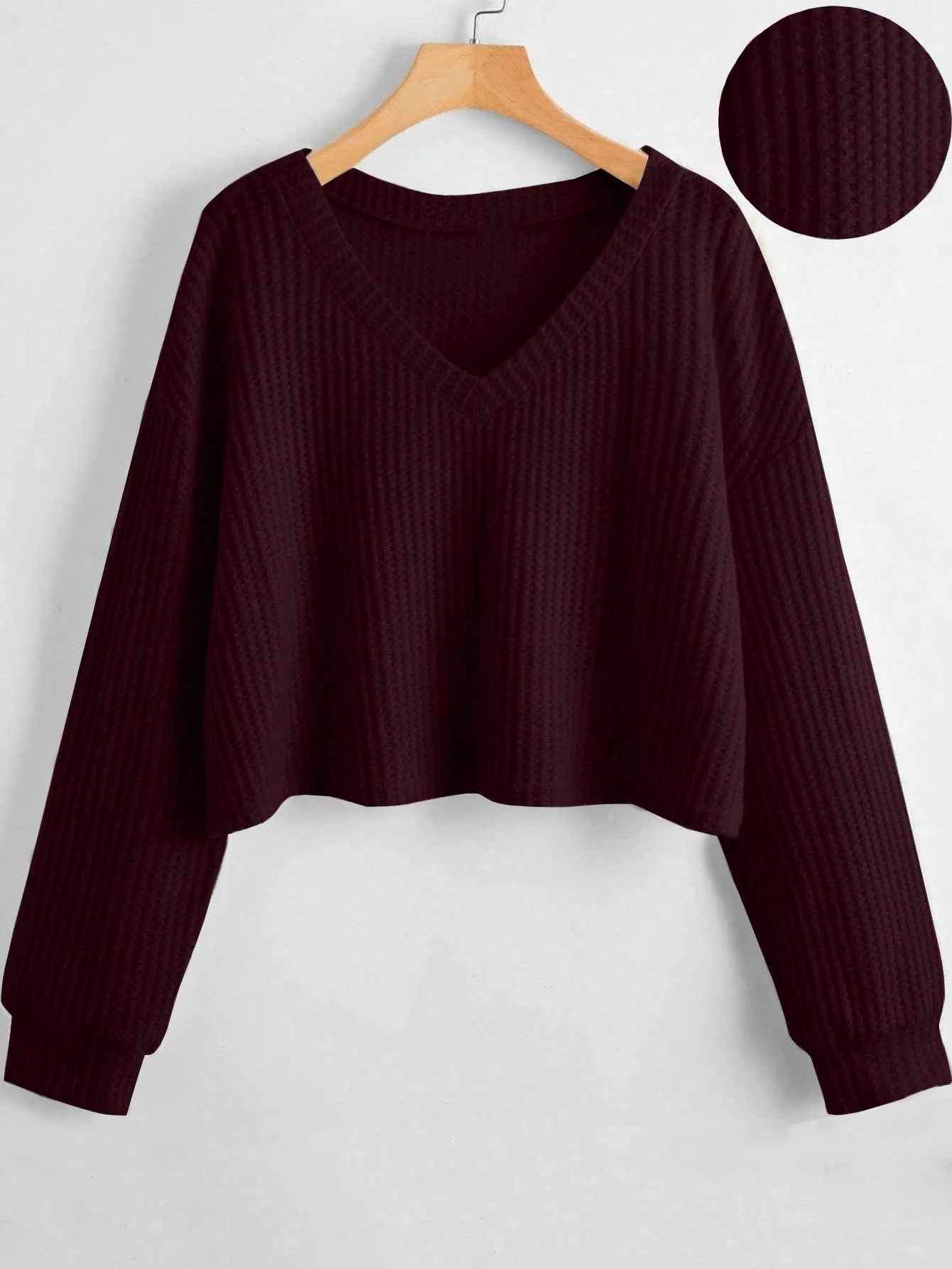 MOOSTA Women's Solid V-Neck Dropped Shoulder Long Sleeve Casual Loose T-Shirt
