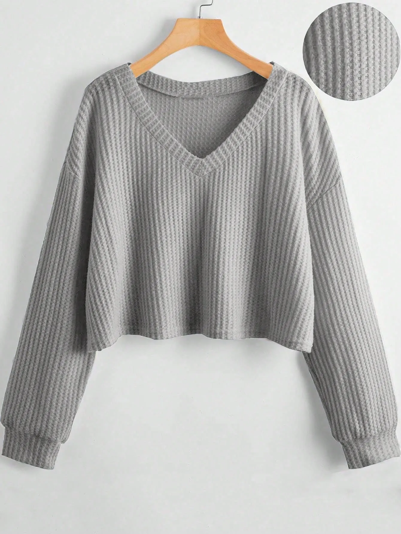 MOOSTA Women's Solid V-Neck Dropped Shoulder Long Sleeve Casual Loose T-Shirt