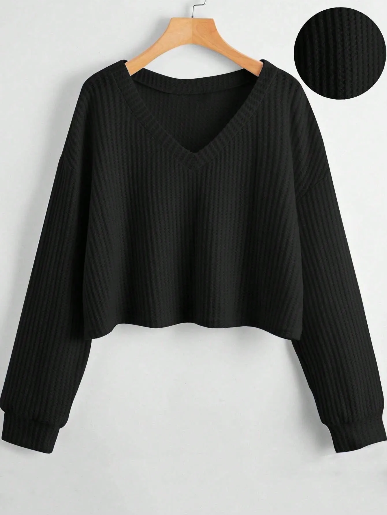 MOOSTA Women's Solid V-Neck Dropped Shoulder Long Sleeve Casual Loose T-Shirt