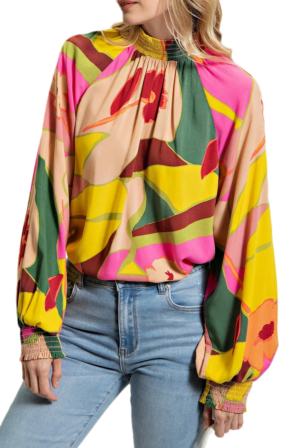 Multicolor Floral Print Smocked Hem Stand Neck Blouse
