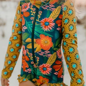 Mustard Tropical Rashguard Swimsuit