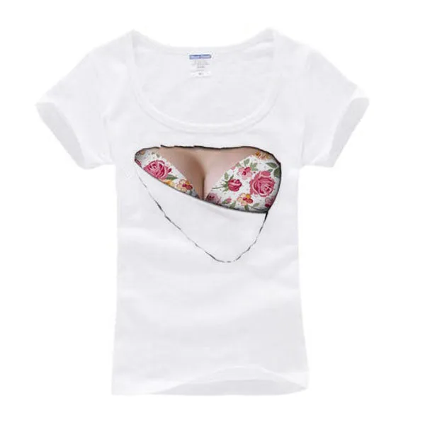 New Unique Women 3D Print Funny T Shirts Fake Big Chest Bra Tops Hot NW