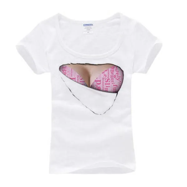 New Unique Women 3D Print Funny T Shirts Fake Big Chest Bra Tops Hot NW