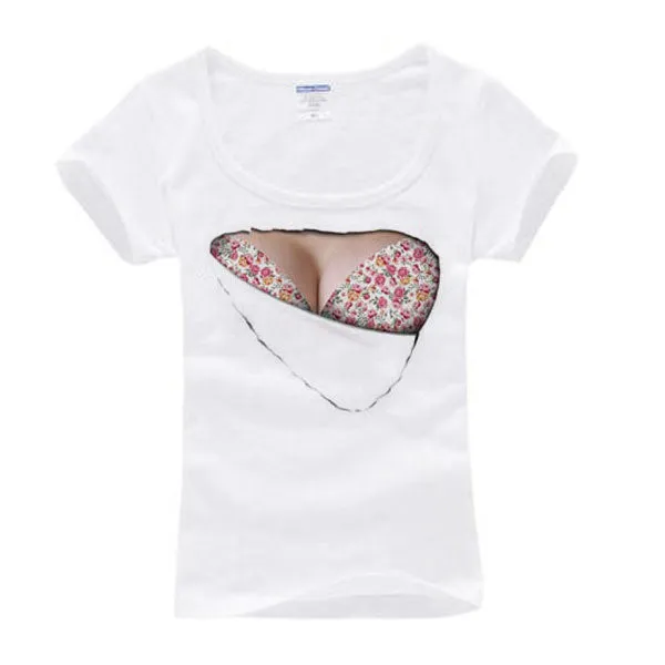 New Unique Women 3D Print Funny T Shirts Fake Big Chest Bra Tops Hot NW