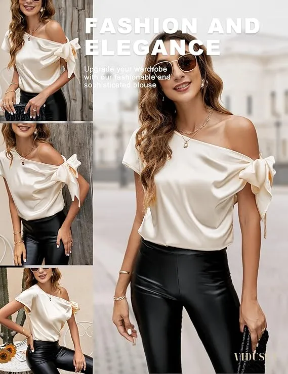 NEW VIDUSSA Women's Satin Shirt Off Shoulder Tops Silk Blouse Short Sleeve Casual Tunic Tops - Size M