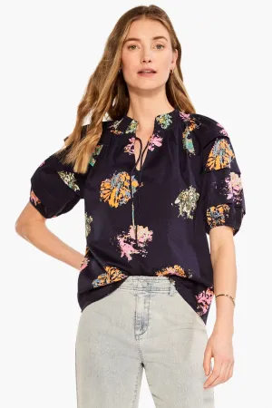 NIC ZOE Indigo/Multi Bright Spot Tiered Puff Sleeve Top M231632
