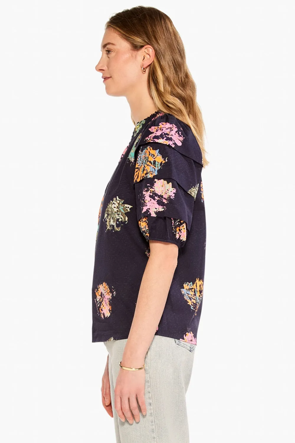 NIC ZOE Indigo/Multi Bright Spot Tiered Puff Sleeve Top M231632
