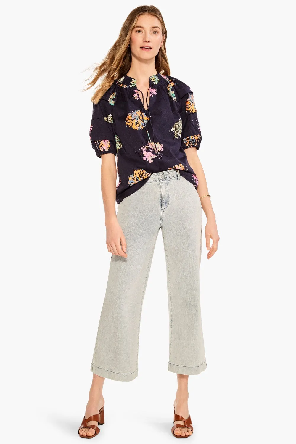 NIC ZOE Indigo/Multi Bright Spot Tiered Puff Sleeve Top M231632