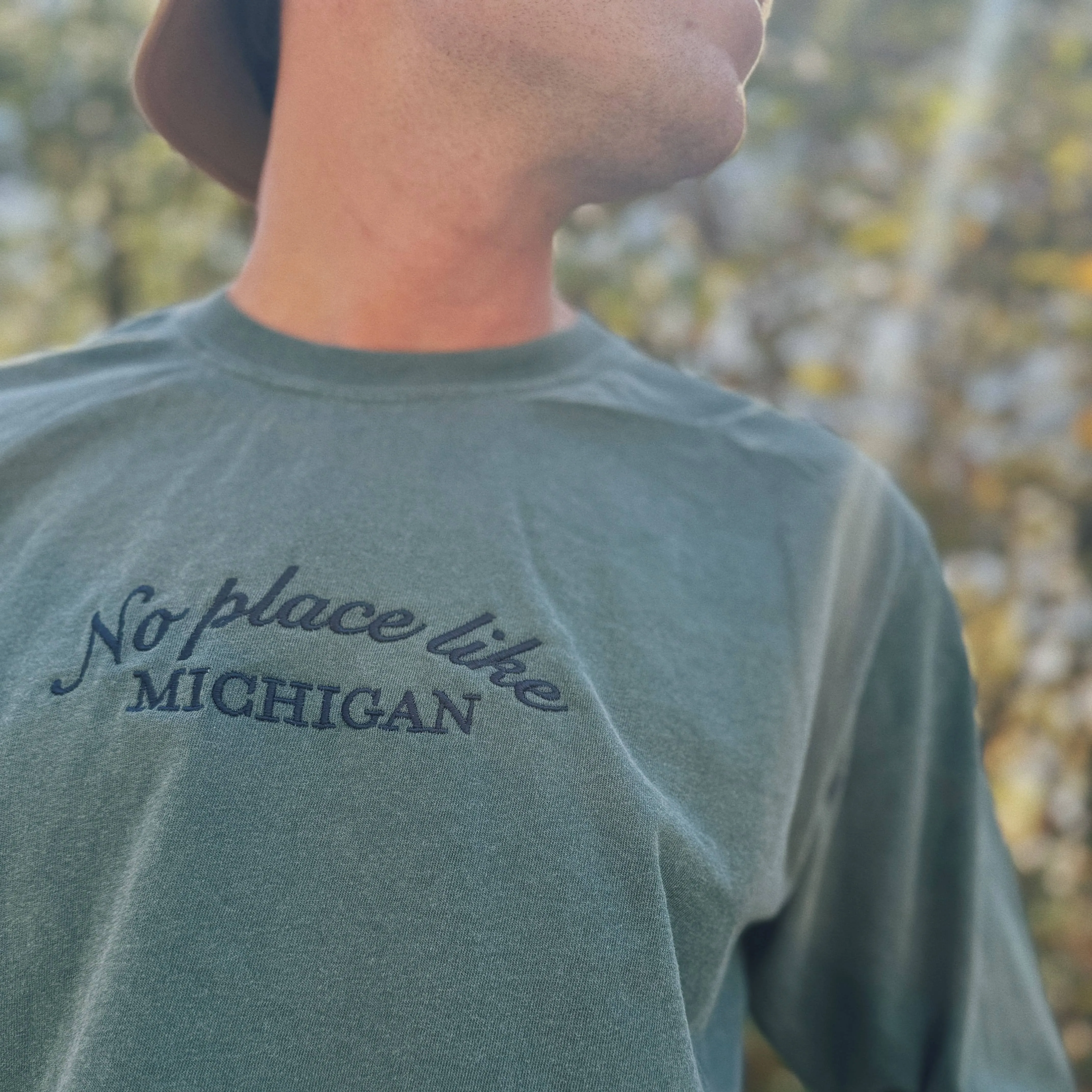 No Place Like Michigan Embroidered Long Sleeve Cotton Shirt
