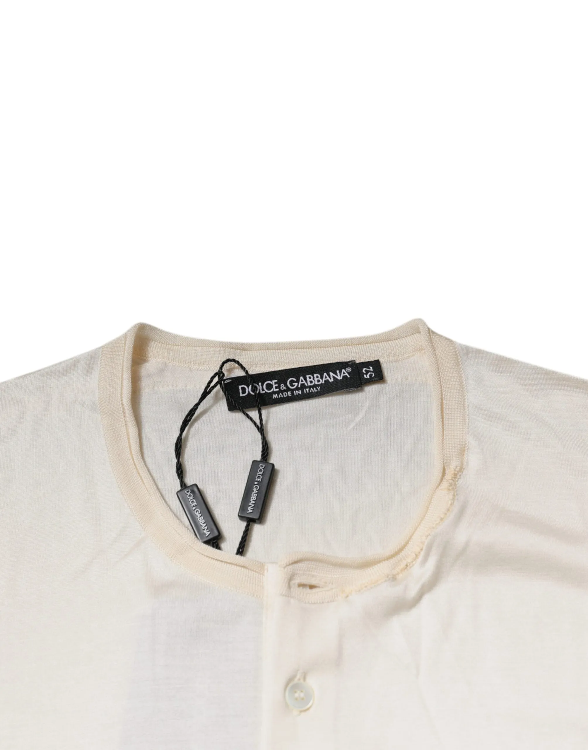 Off White Silk Crew Neck Henley T-shirt