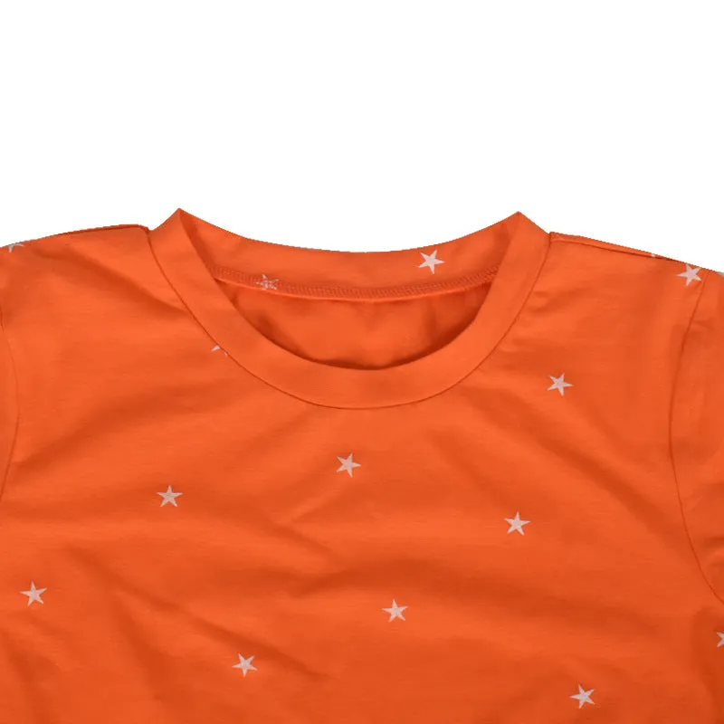 Orange Pentagram Round Neck Short Sleeve Tops