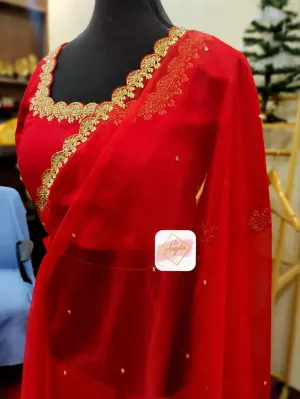 Organza saree with scallop embroidery borders paired with scallop neckline blouse- Blood Red