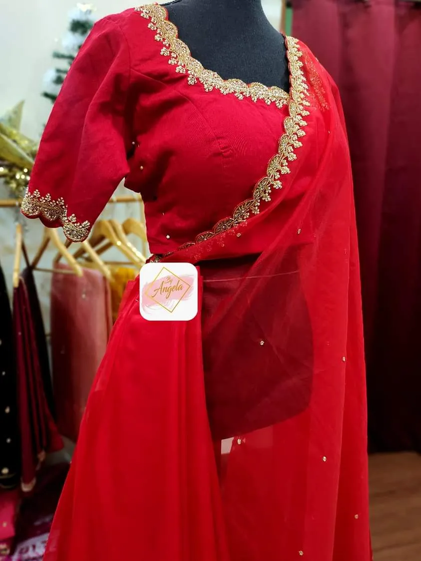 Organza saree with scallop embroidery borders paired with scallop neckline blouse- Blood Red