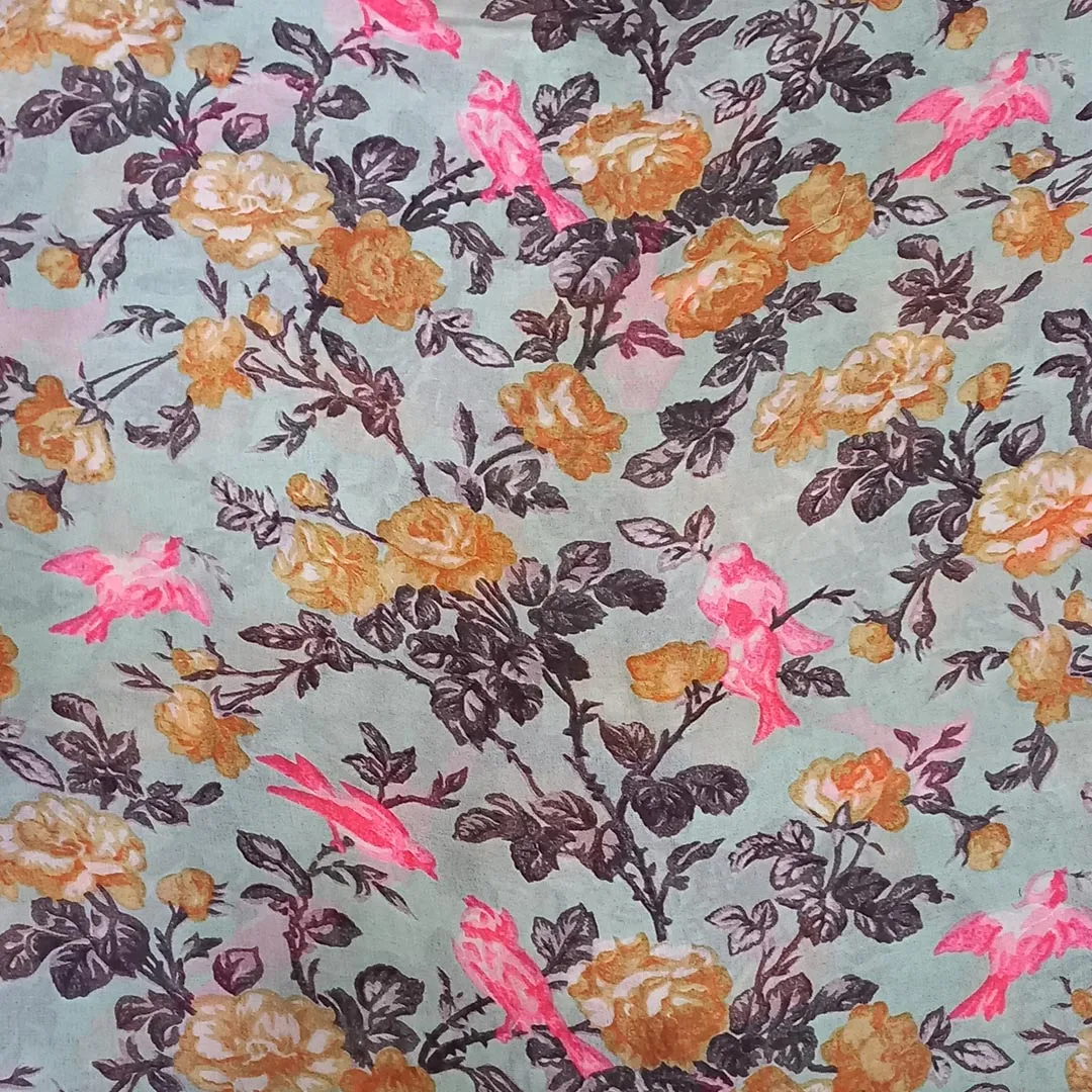 Pastel Green Color Silk Fabric With Printed Floral Motifs -1.4-Mtr