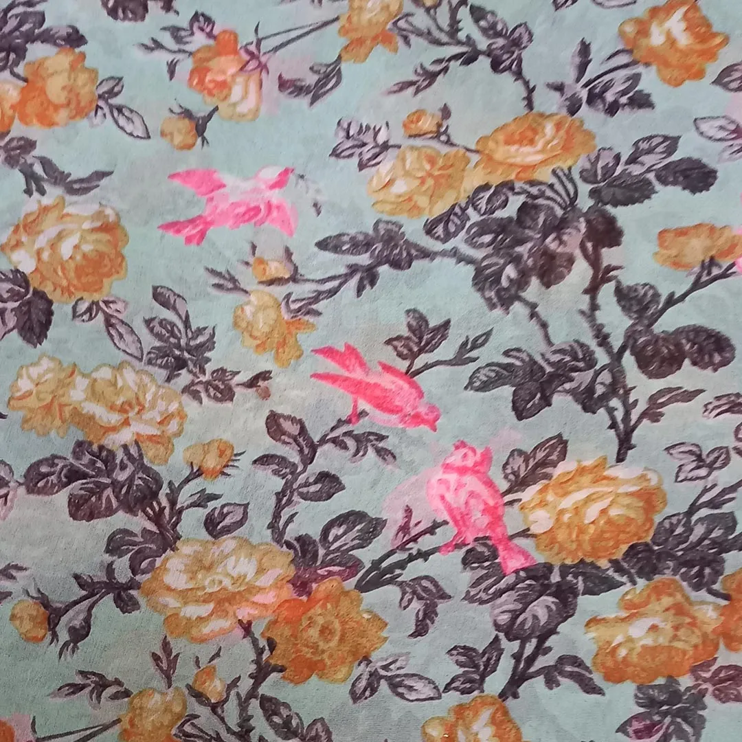 Pastel Green Color Silk Fabric With Printed Floral Motifs -1.4-Mtr