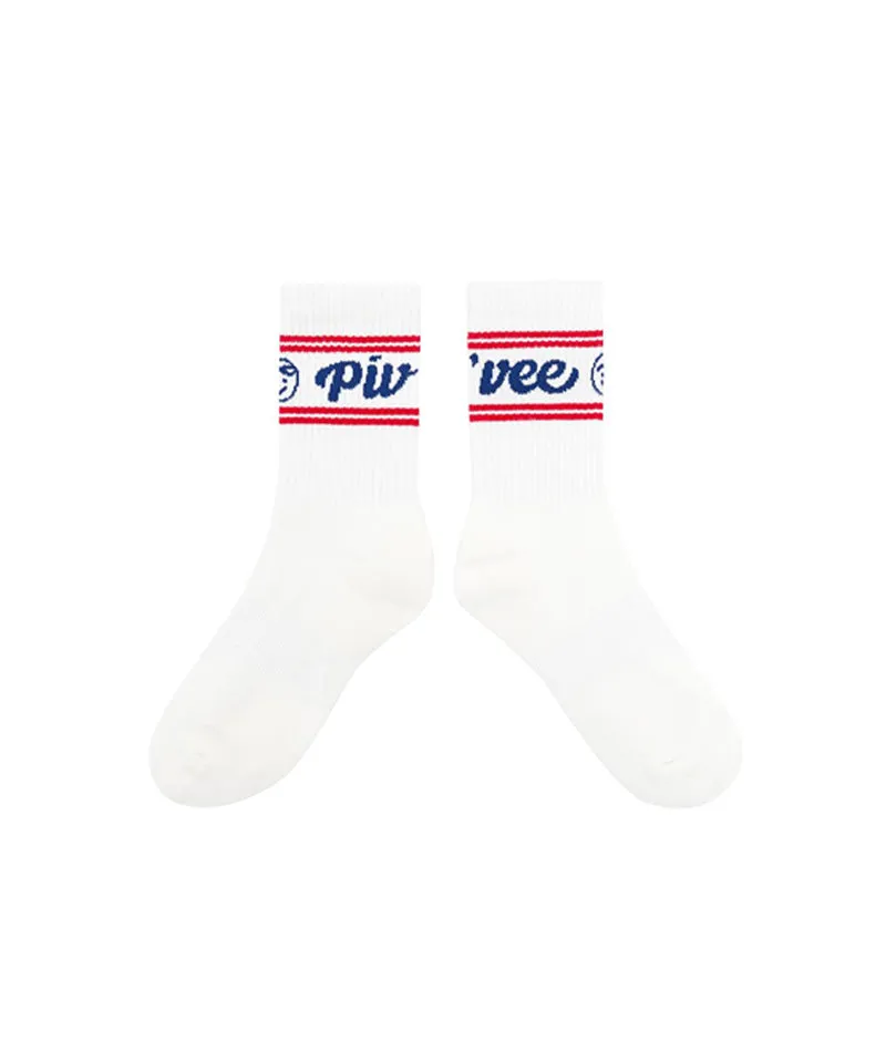 PIV'VEE Stripe Crew Socks - Cloud White/ Red