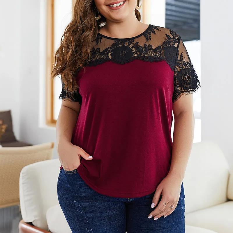 Plus Size Lace Patchwork Women Tops Shirt