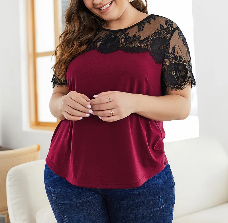 Plus Size Lace Patchwork Women Tops Shirt