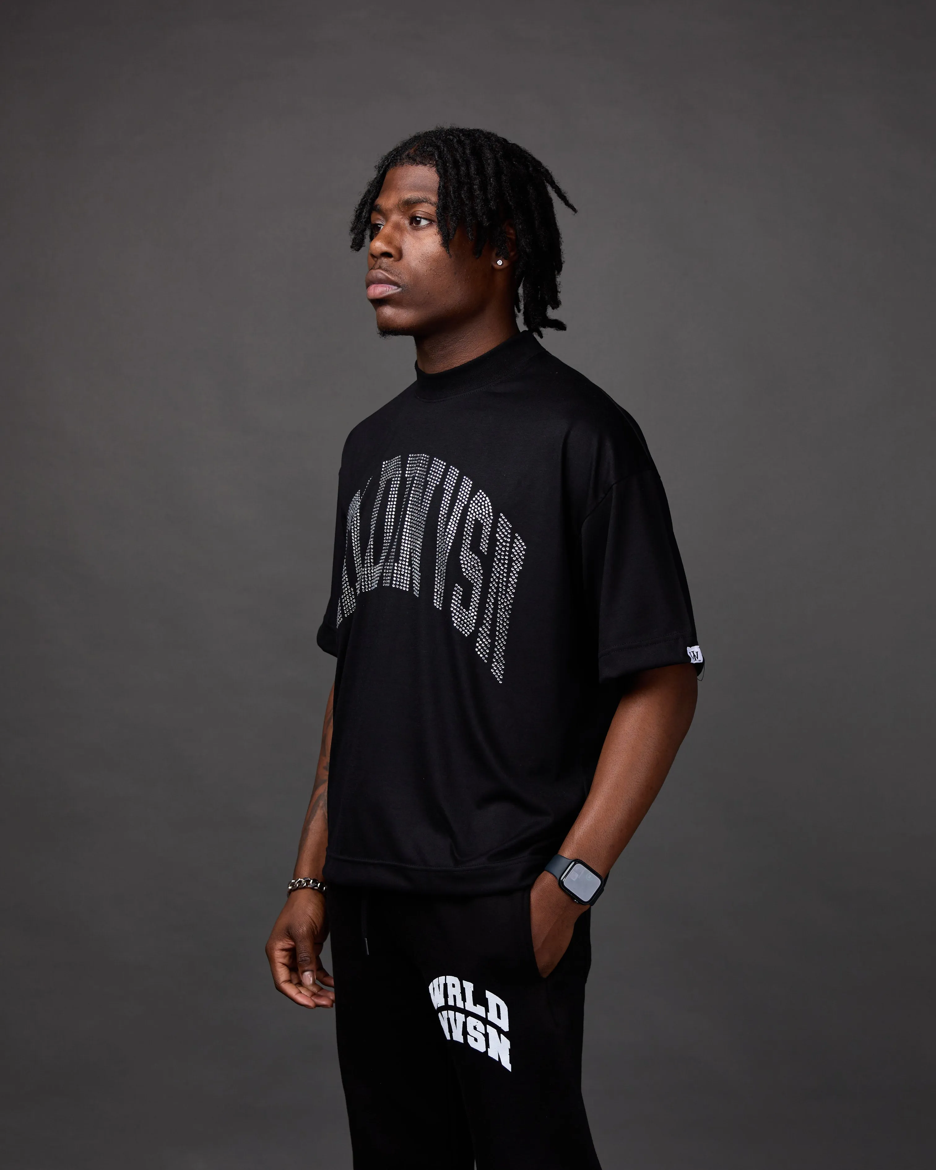Premium “Stone” Oversized Shirt (Black/Rhinestone)