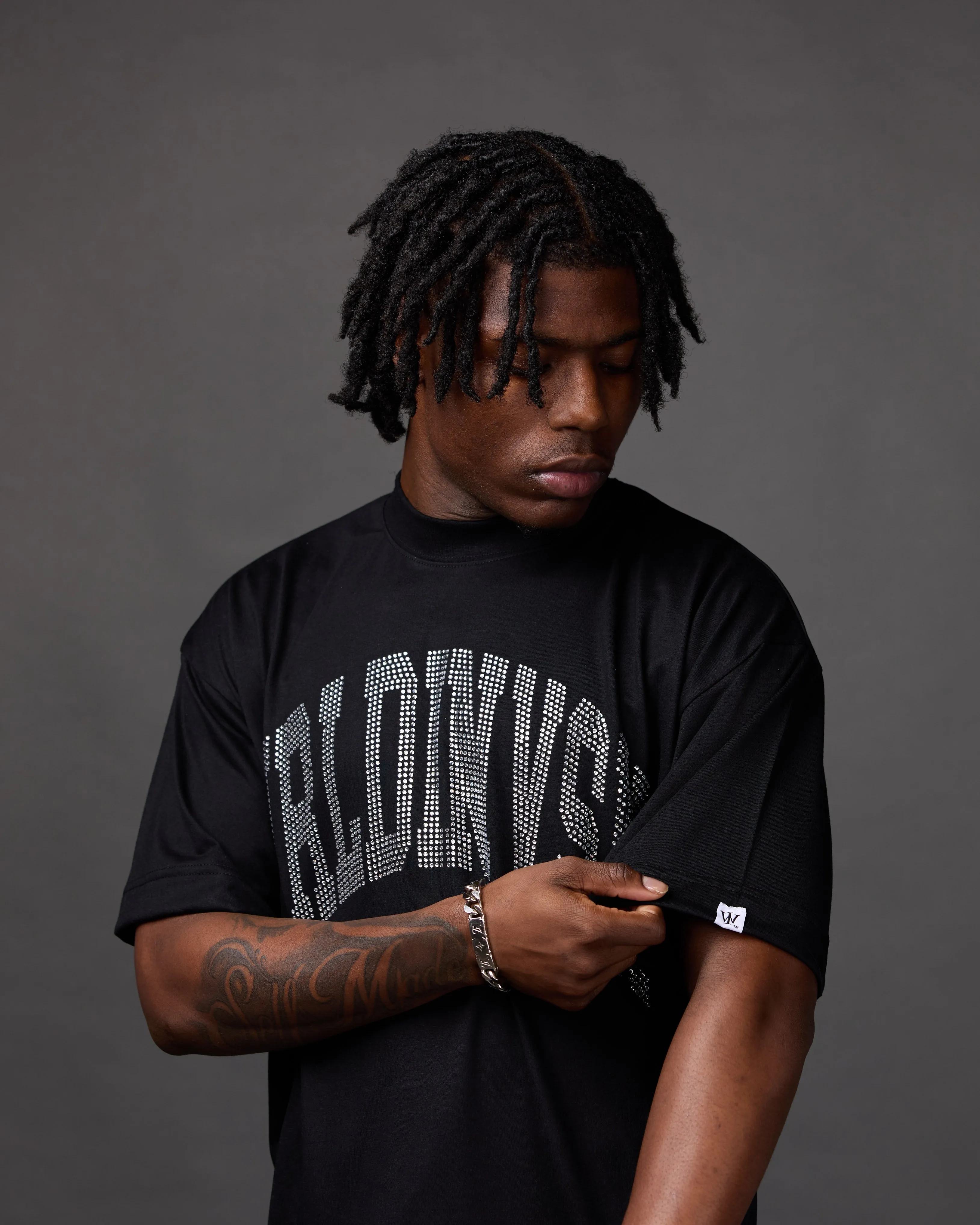 Premium “Stone” Oversized Shirt (Black/Rhinestone)