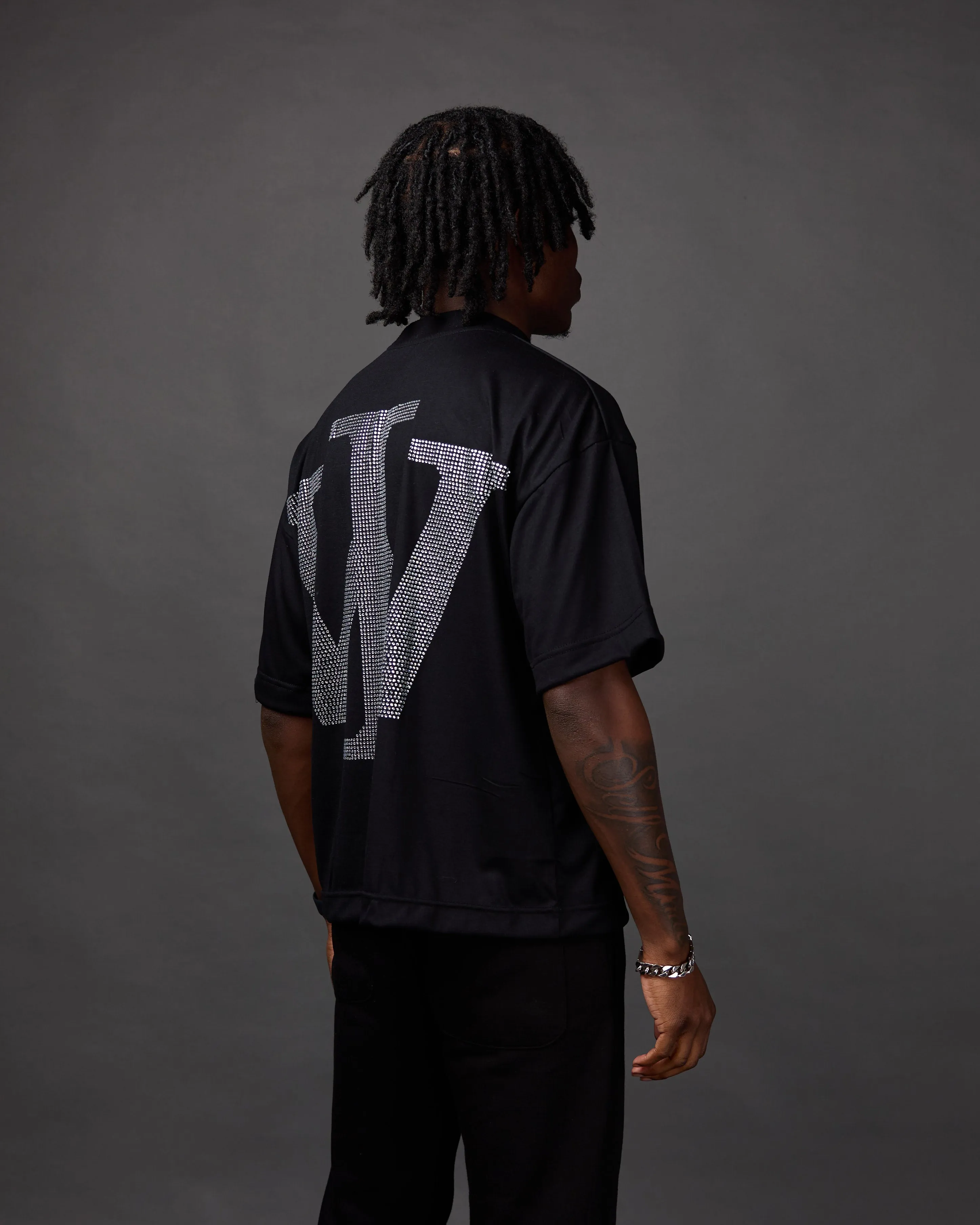 Premium “Stone” Oversized Shirt (Black/Rhinestone)